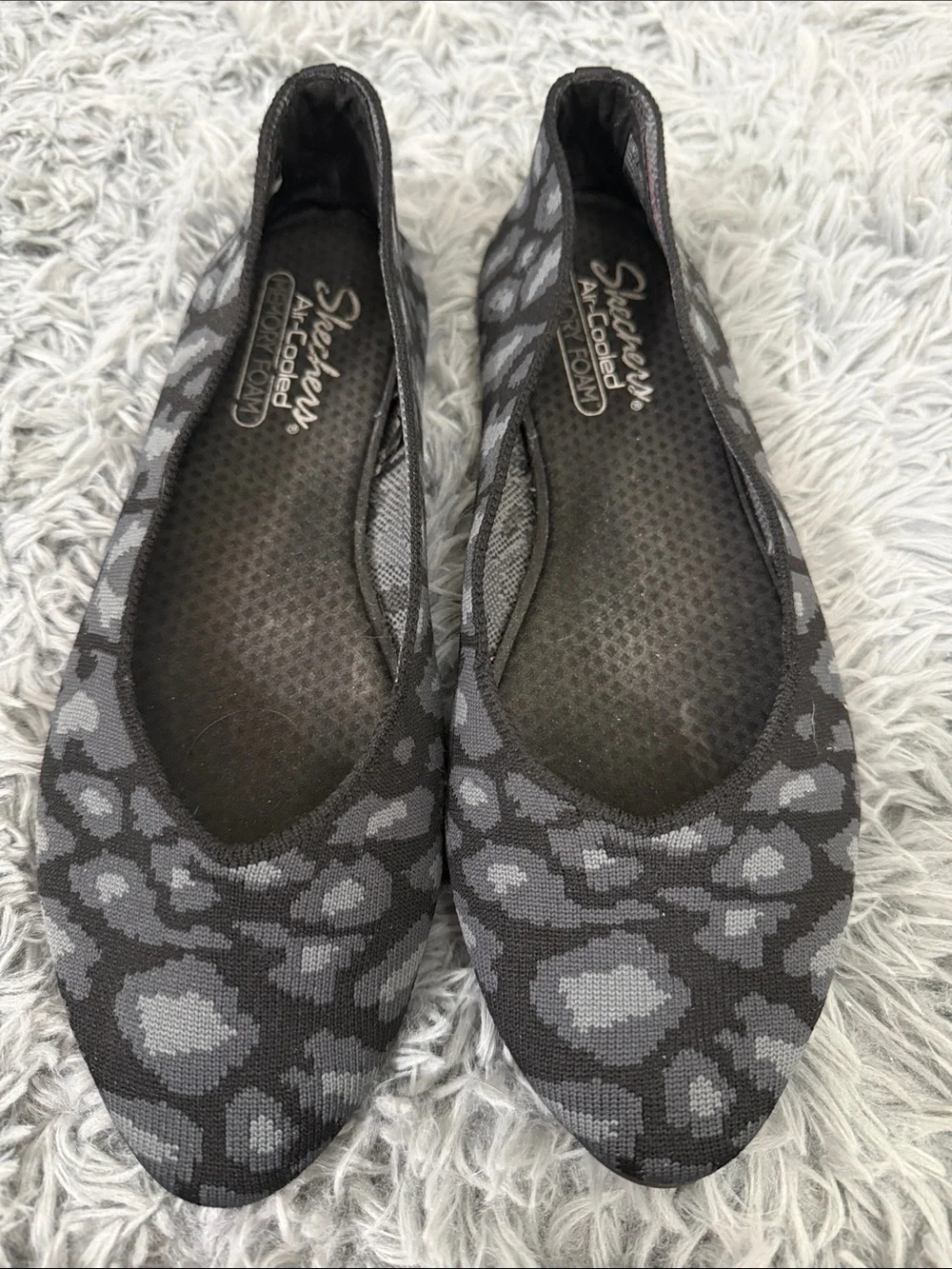 Skechers Black and Gray Leopard Knit Slip-On Flats